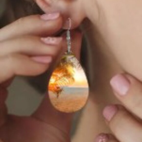 Beach Sunset Ocean Landscape Earrings Double-Sided Lightweight PU Leather Design - Picture 6 of 8